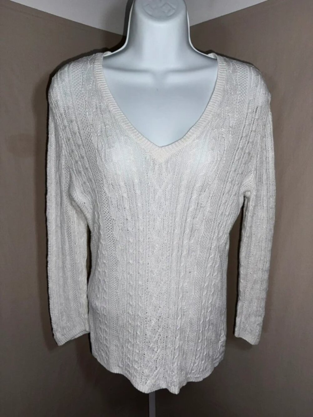 Lauren Ralph Lauren White Linen Cable Knit V-Neck Sweater 3/4 Sleeve Size M